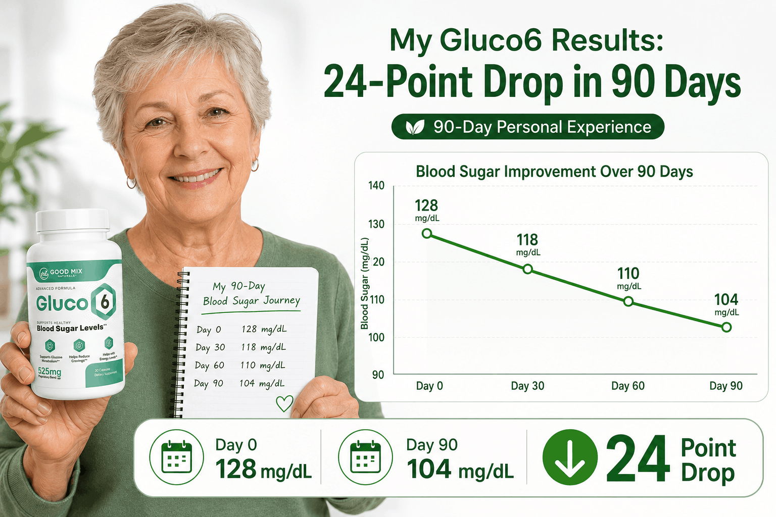 Gluco6 90-day blood sugar results chart - 24 point drop from 128 to 104 mg/dL