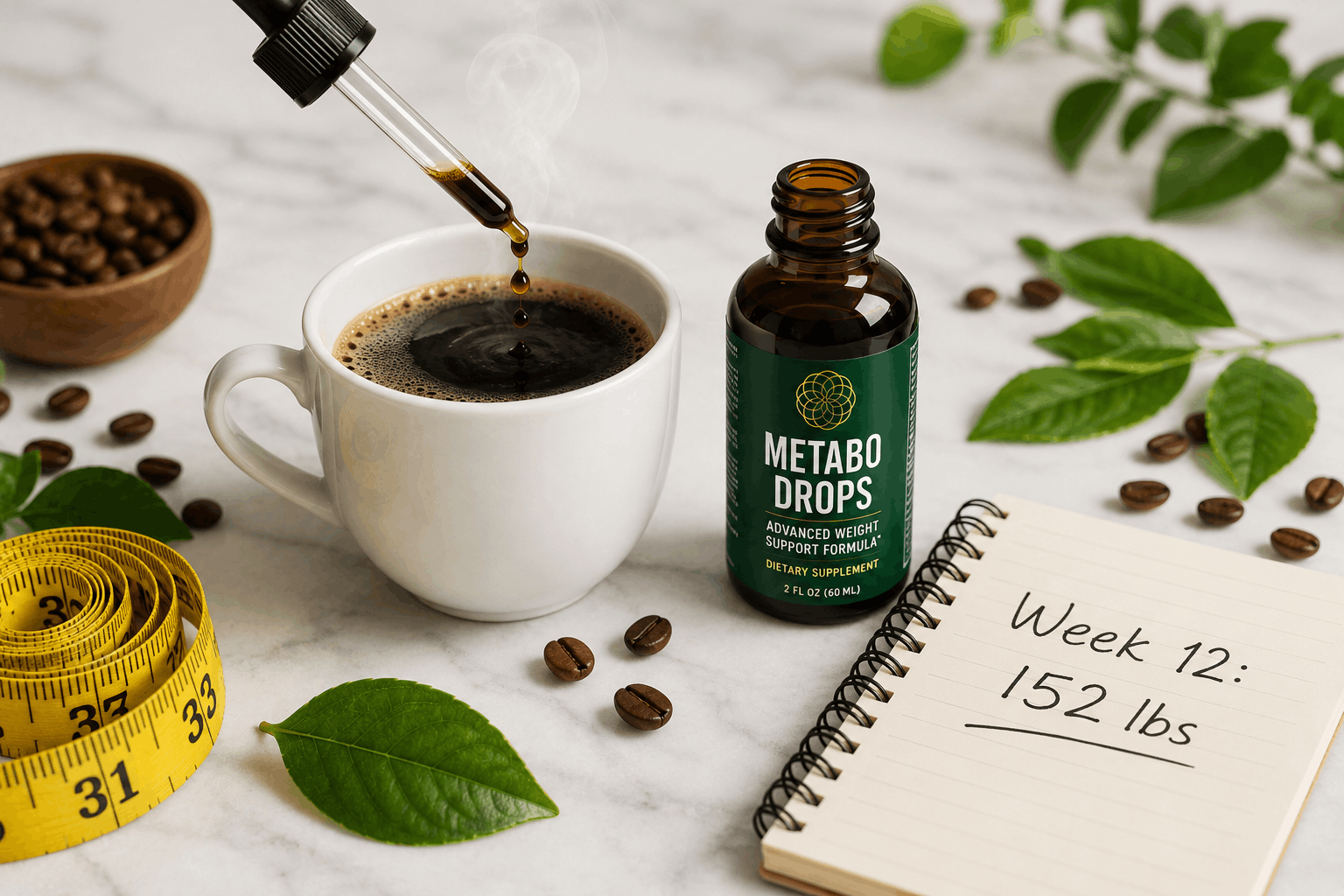 Metabo Drops weight loss supplement bottle with coffee - Metabo Drops Reviews 2026 90-day test results