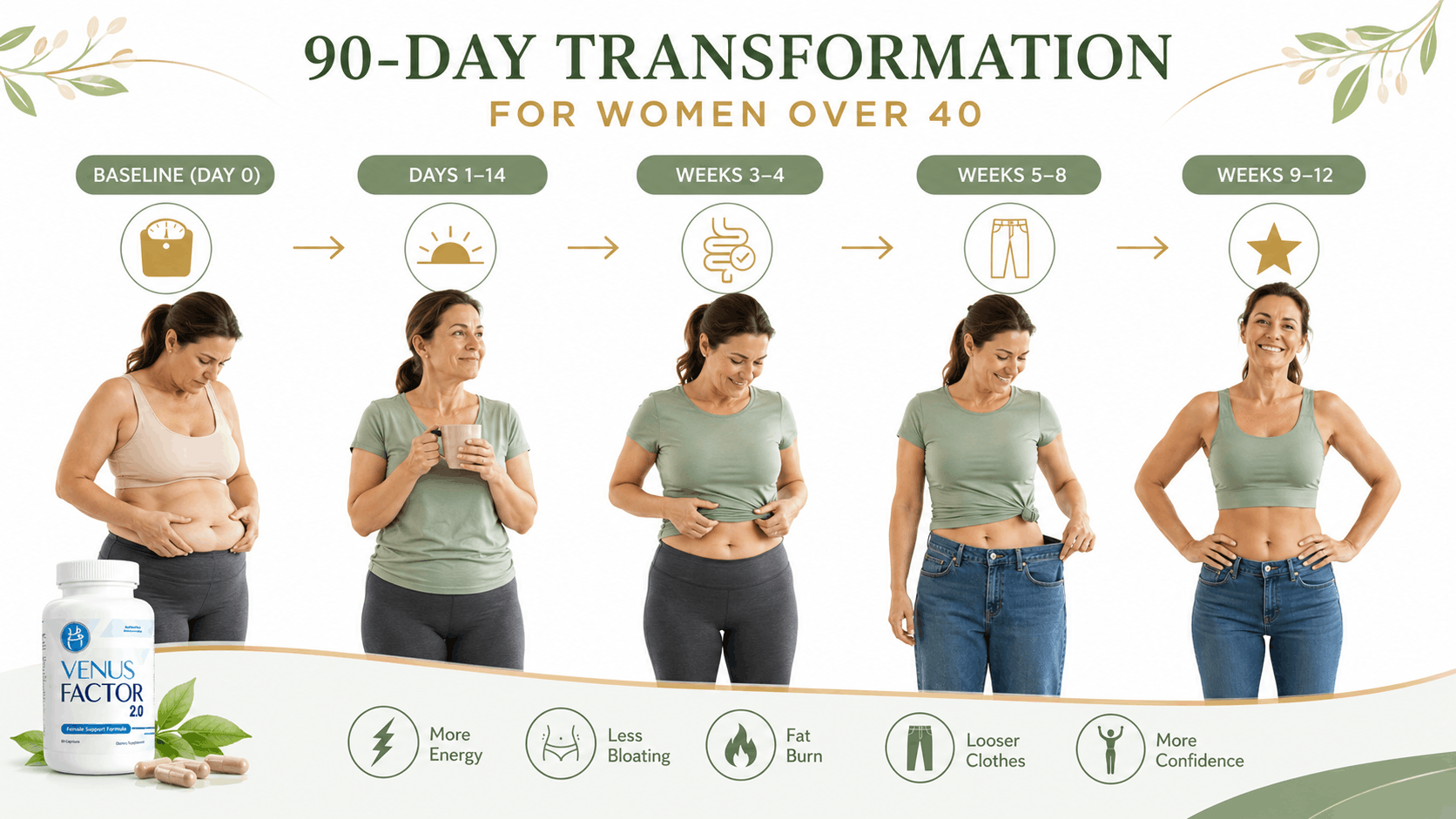 Venus Factor 90-Day Week by Week Transformation Timeline - Stubborn belly fat journey from baseline to 12 weeks